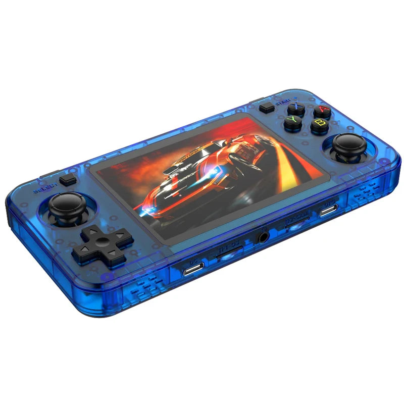 Handheld gaming console with transparent blue casing on a white background